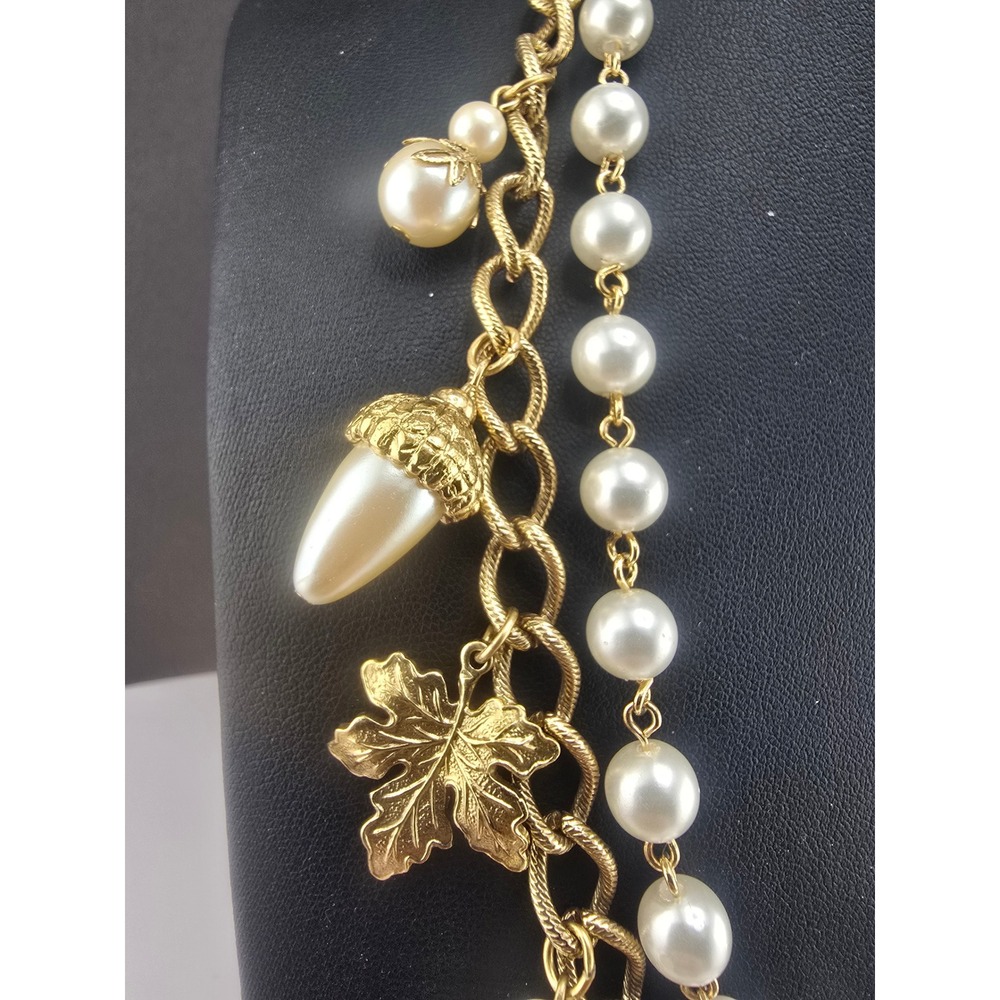 Vintage 1928 Charm Necklace Fall Gold Tone Faux Pearl Acorn Leaf Pinecone 18in